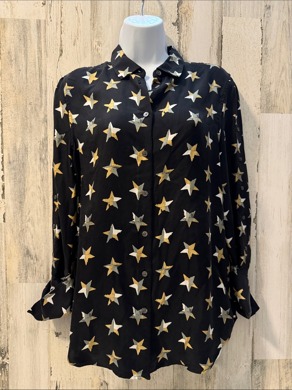 Equipment 100% SILK Rossi Star Print Black Long Sleeves Button Up Shirt S/P